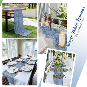 Yorcari baby shower blue cheesecloth runner enhances delicate party decor.