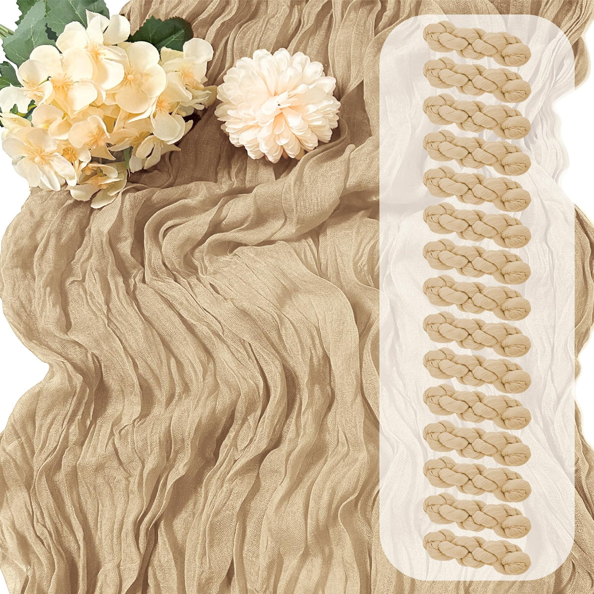 Yorcari beige cheesecloth table runner draped on a wooden table for warm wedding decor