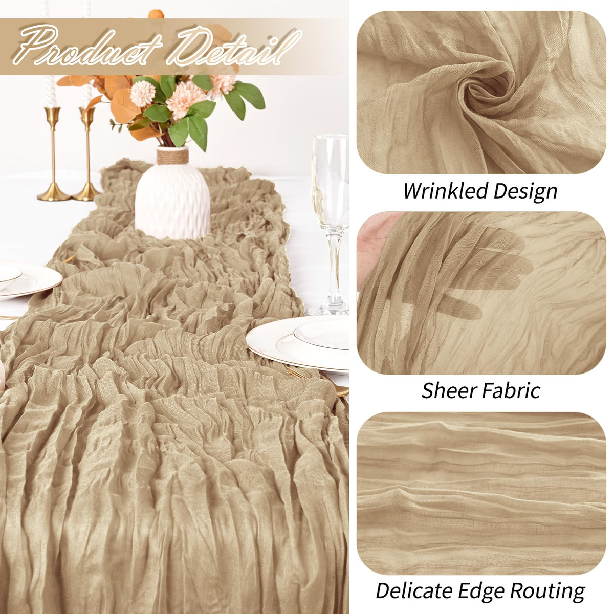 Yorcari beige table runner draped on a table with floral centerpiece