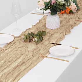 Rustic wedding arch decor using Yorcari beige cheesecloth runner