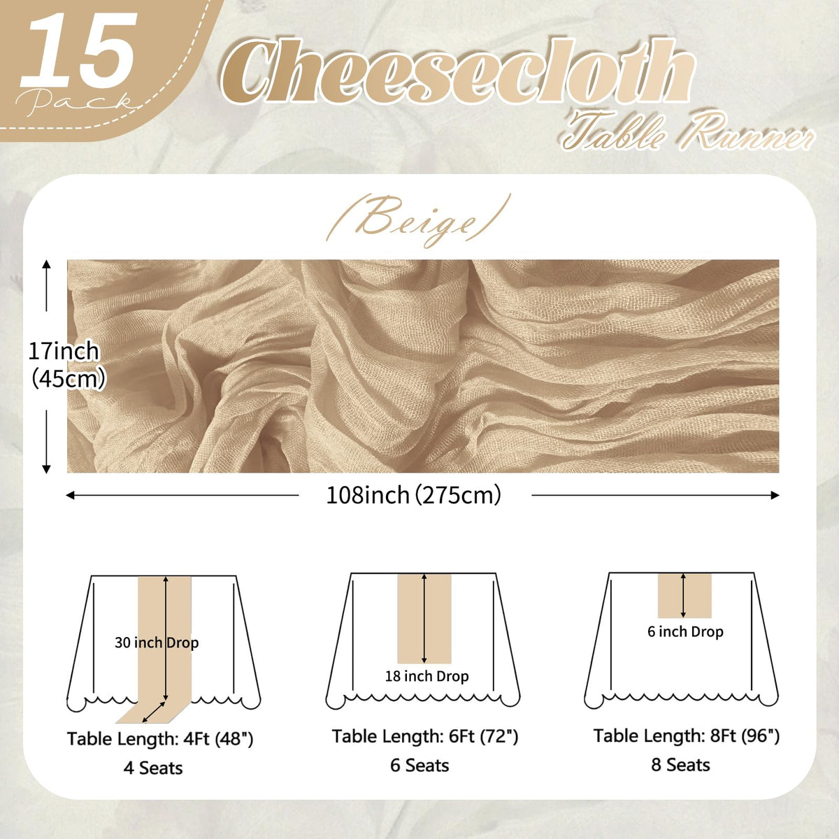 Close-up of Yorcari beige cheesecloth runner showing wrinkle texture