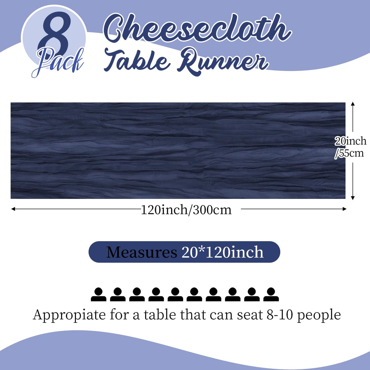 Yorcari blue cheesecloth table runner draped elegantly on a long table.