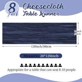 Yorcari blue cheesecloth table runner draped elegantly on a long table.