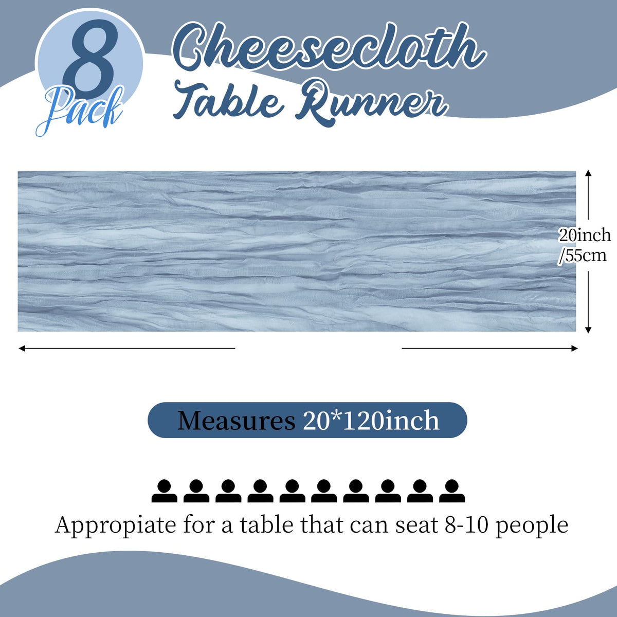 Yorcari crinkle gauze blue table runner drapes softly for romantic ambience.