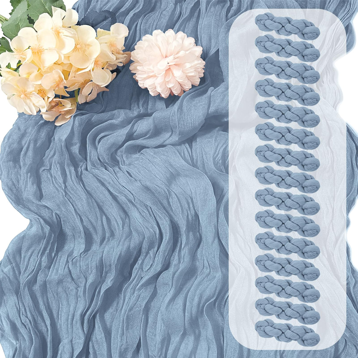Yorcari dusty blue cheesecloth table runner adds elegant texture to wedding tables
