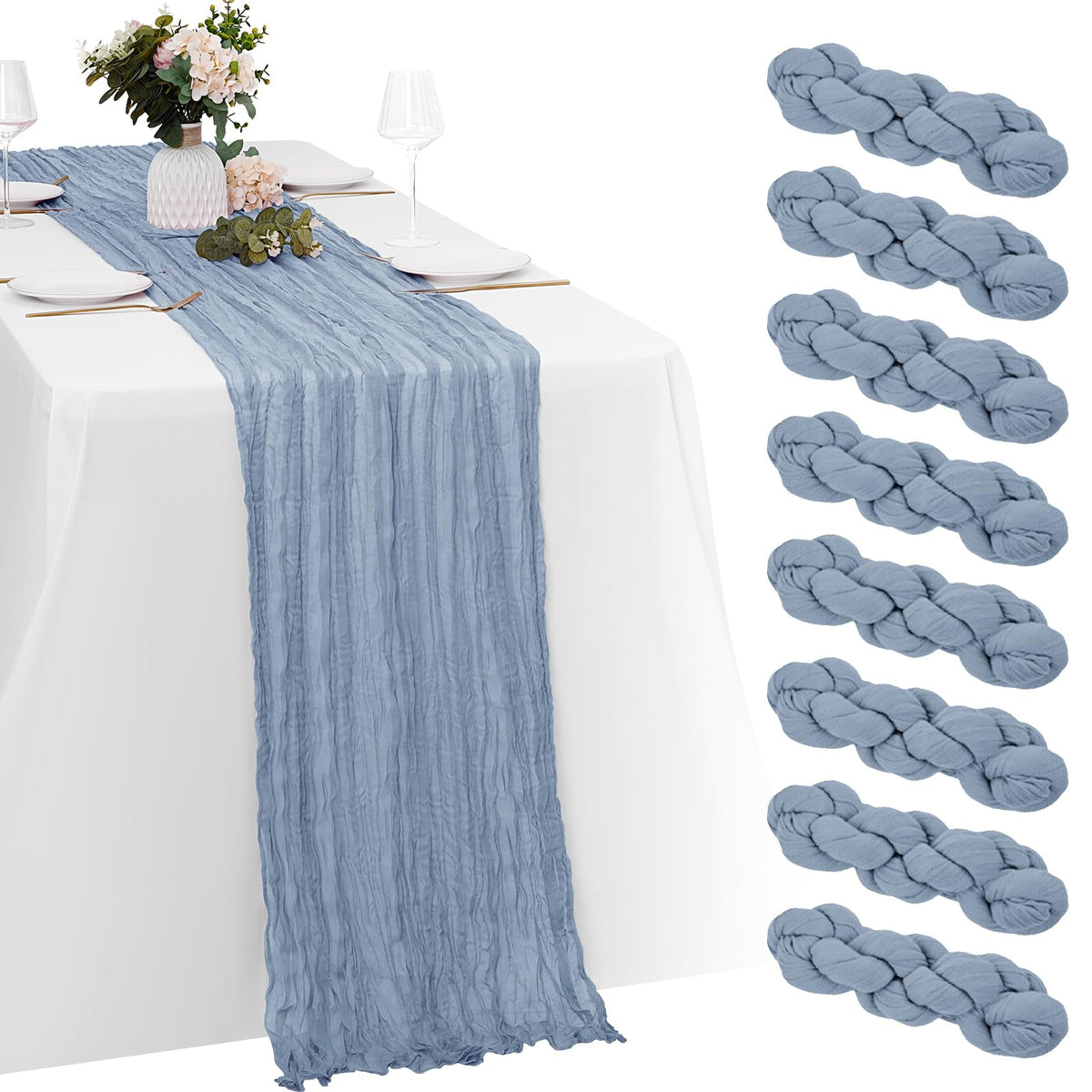 Yorcari dusty blue cheesecloth table runner highlights texture for elegant wedding tables.