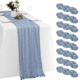 Yorcari dusty blue cheesecloth table runner highlights texture for elegant wedding tables.