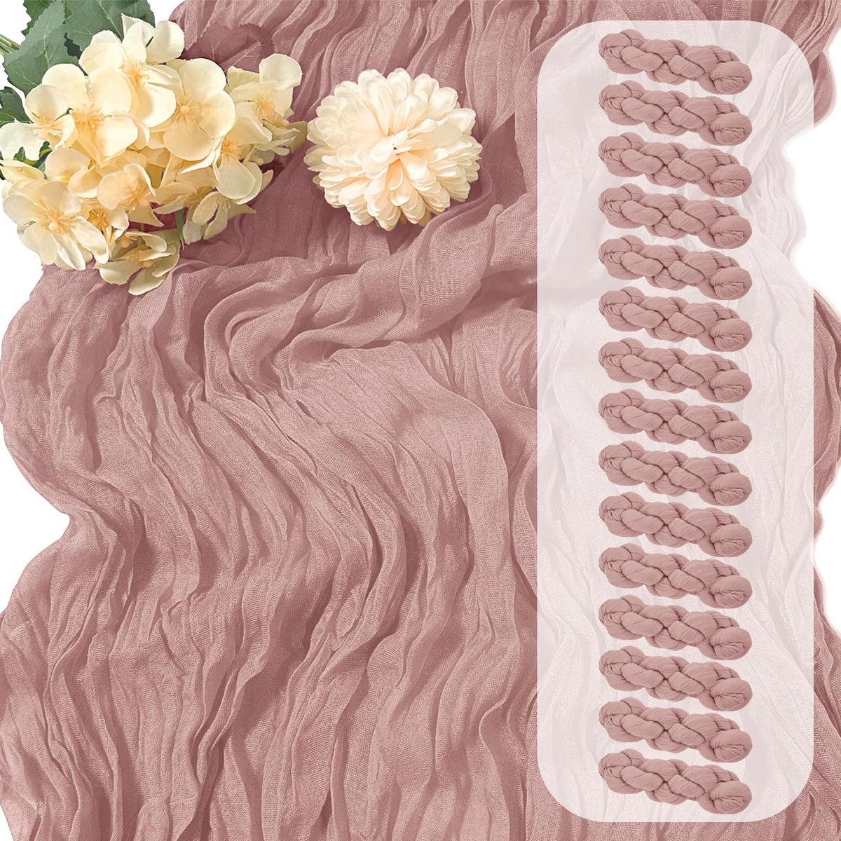 Yorcari dusty pink cheesecloth table runner with elegant wedding drape.