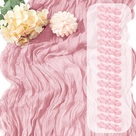 Yorcari light pink cheesecloth table runner adds soft color for weddings.