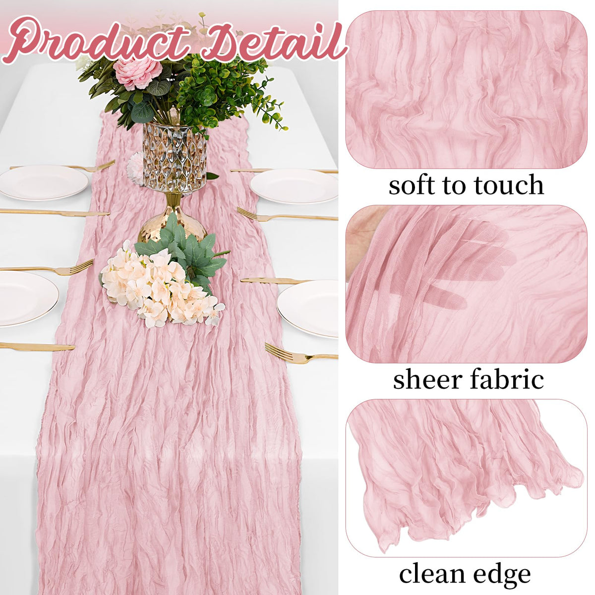 Yorcari gauze runner drapes naturally beside candles and florals
