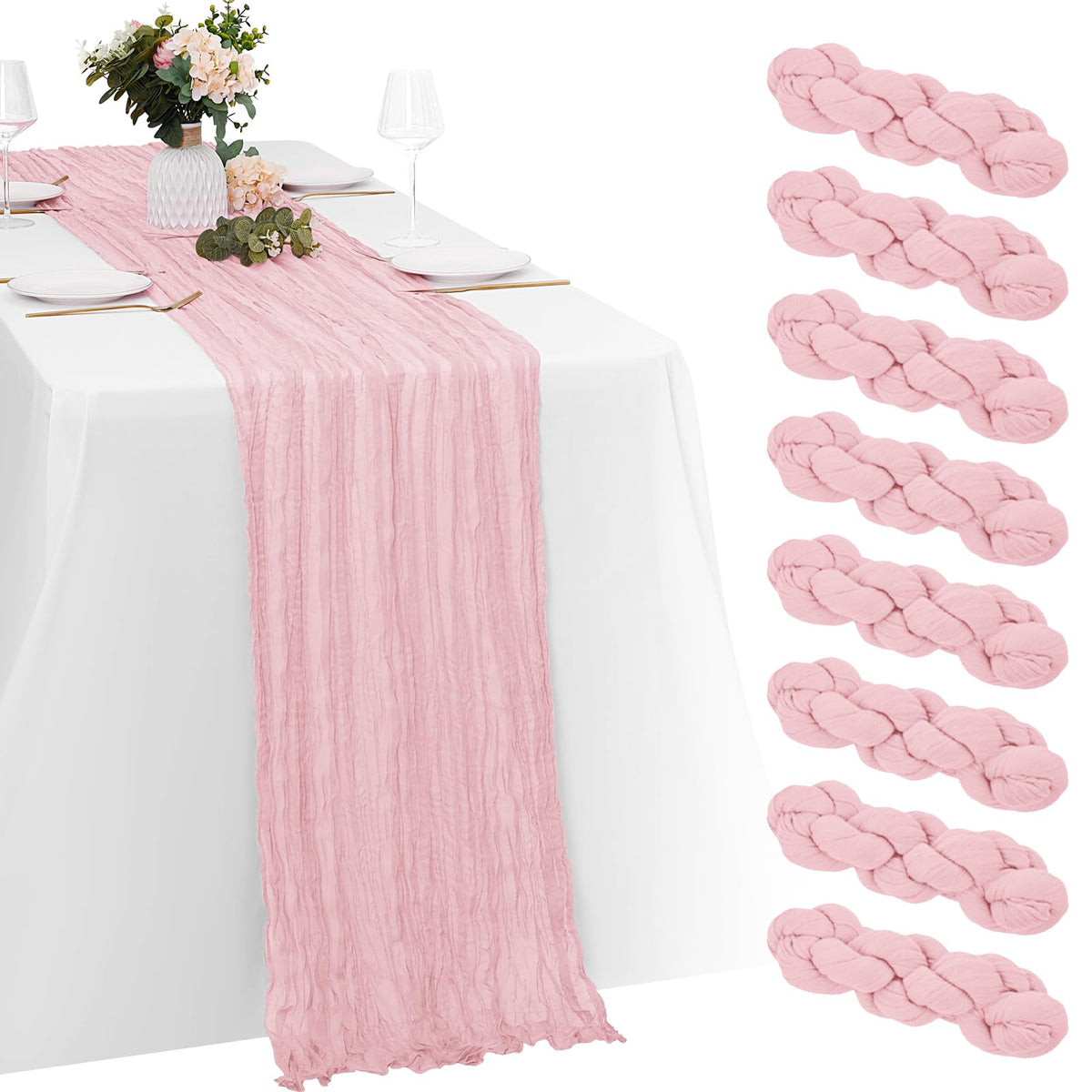 Yorcari light pink cheesecloth table runner with soft drape for romantic weddings