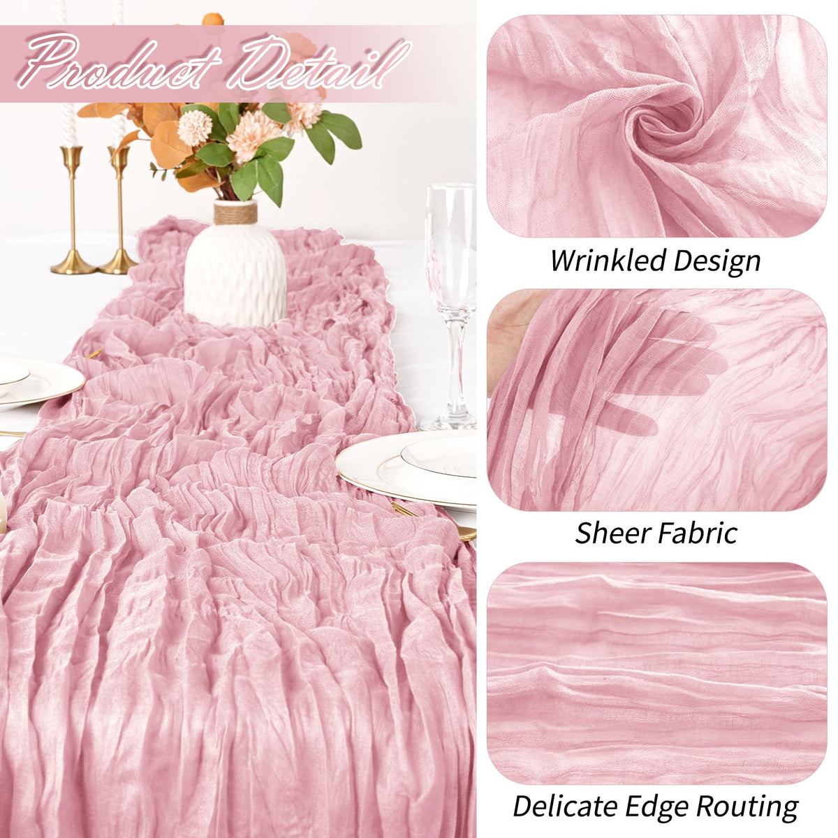 Yorcari rectangular natural pleated runner drapes beautifully for rustic wedding decor.