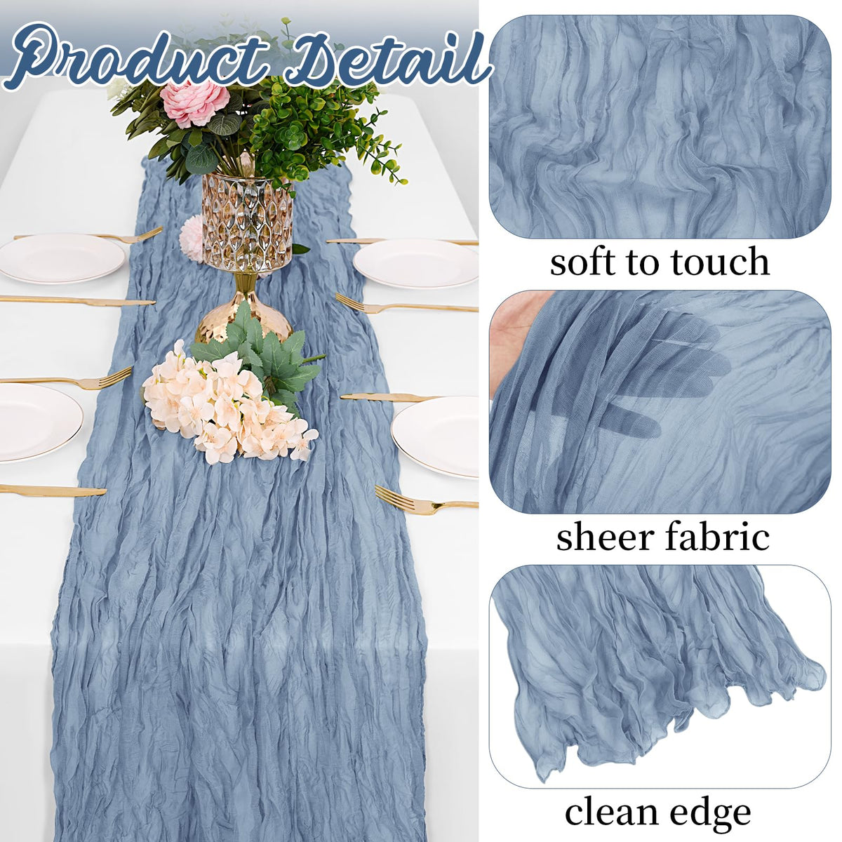 Yorcari rectangular pleated blue runner adds rustic charm to dining setup.