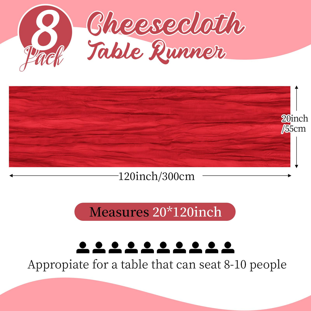 Yorcari red cheesecloth table runner draped over a long table with candles