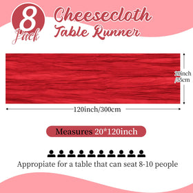 Yorcari red cheesecloth table runner draped over a long table with candles