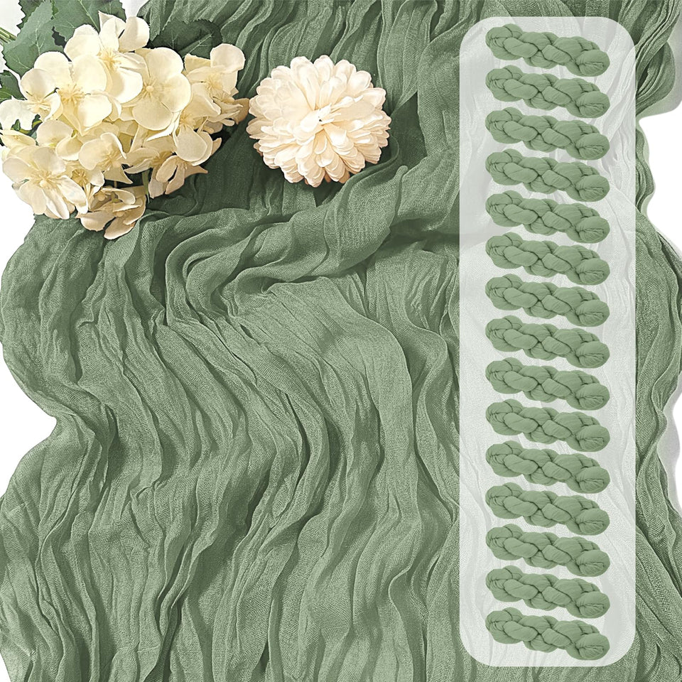Yorcari sage green cheesecloth table runner with soft drape for weddings