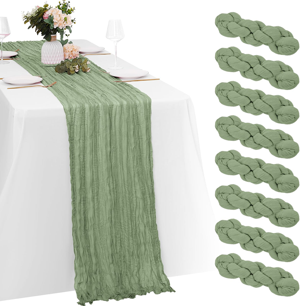 Yorcari sage green cheesecloth table runner 20x120 on a table for elegant dining.