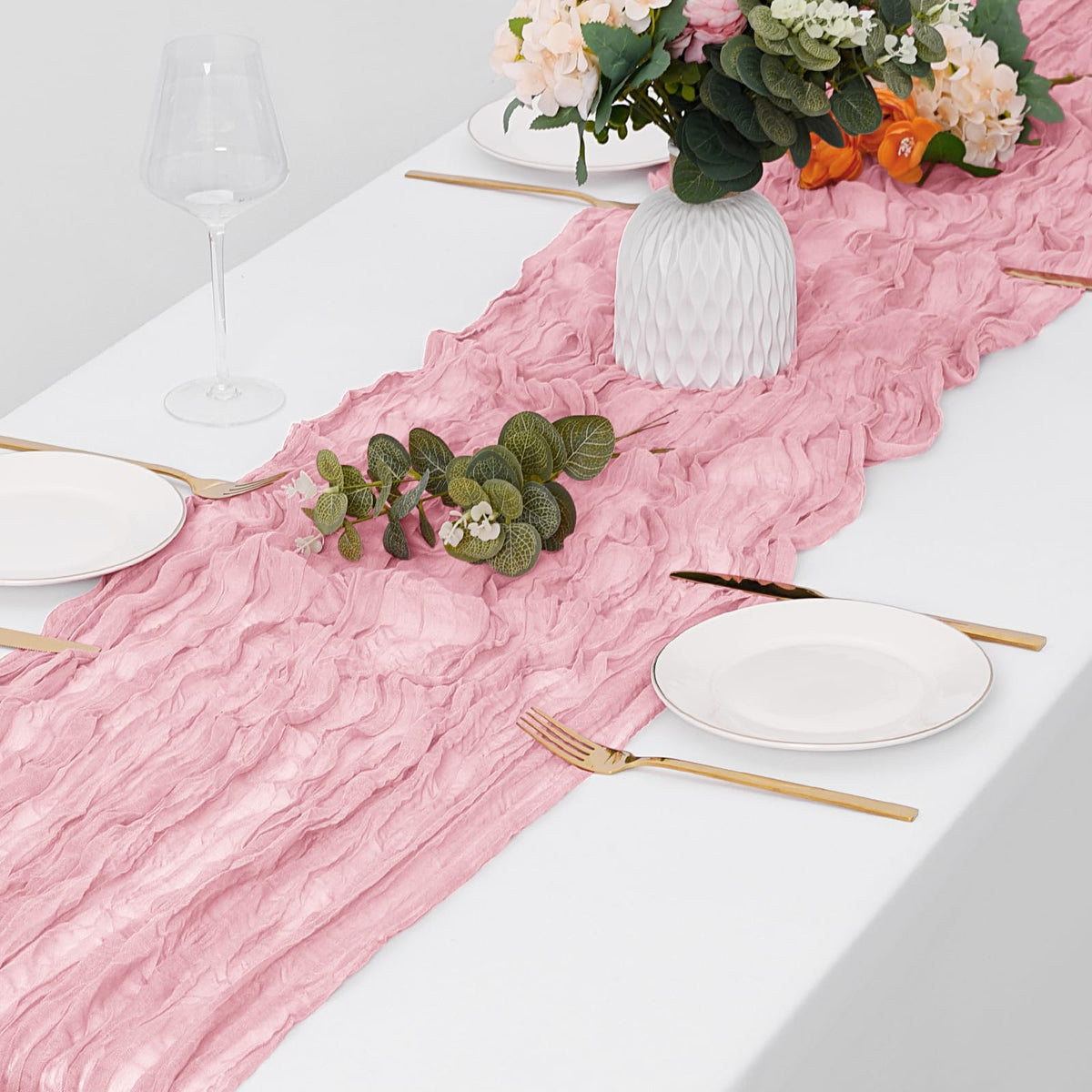 Yorcari wedding arch table runner creates subtle translucent decoration.