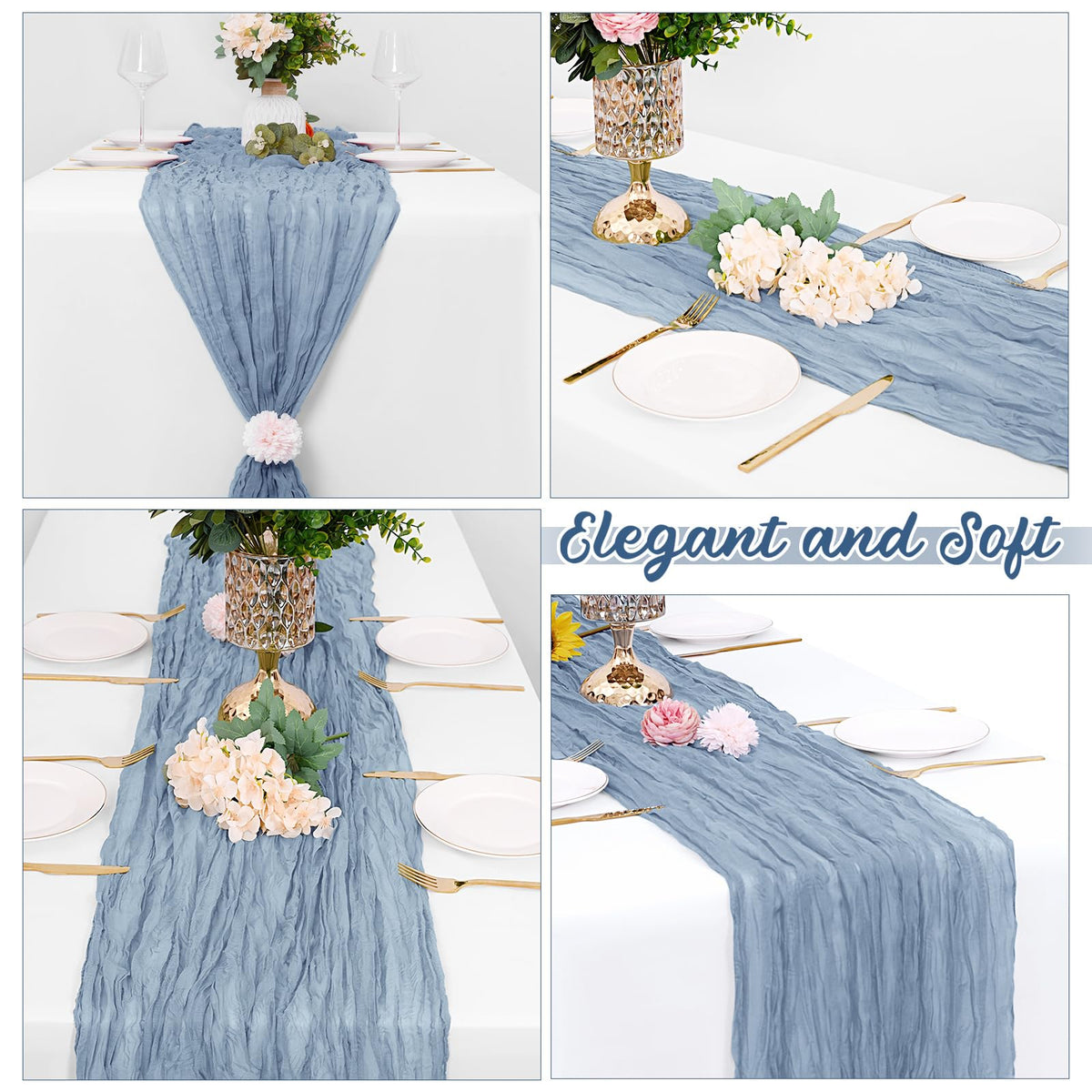Yorcari wedding blue table runner creates warm, inviting tablescapes.