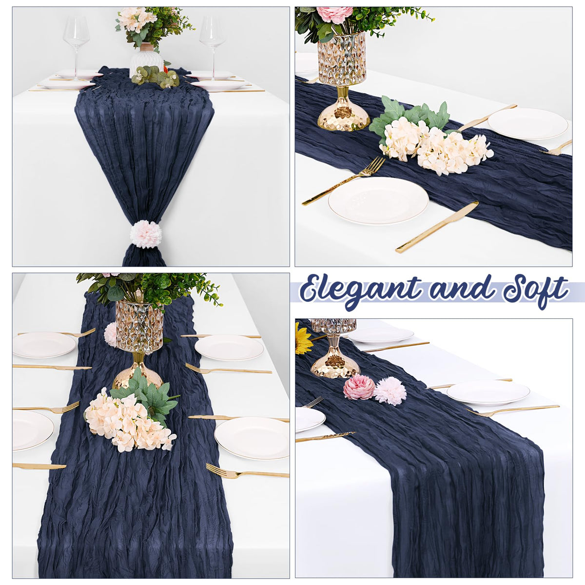 Yorcari navy runners on a table with candles and flowers for romance.