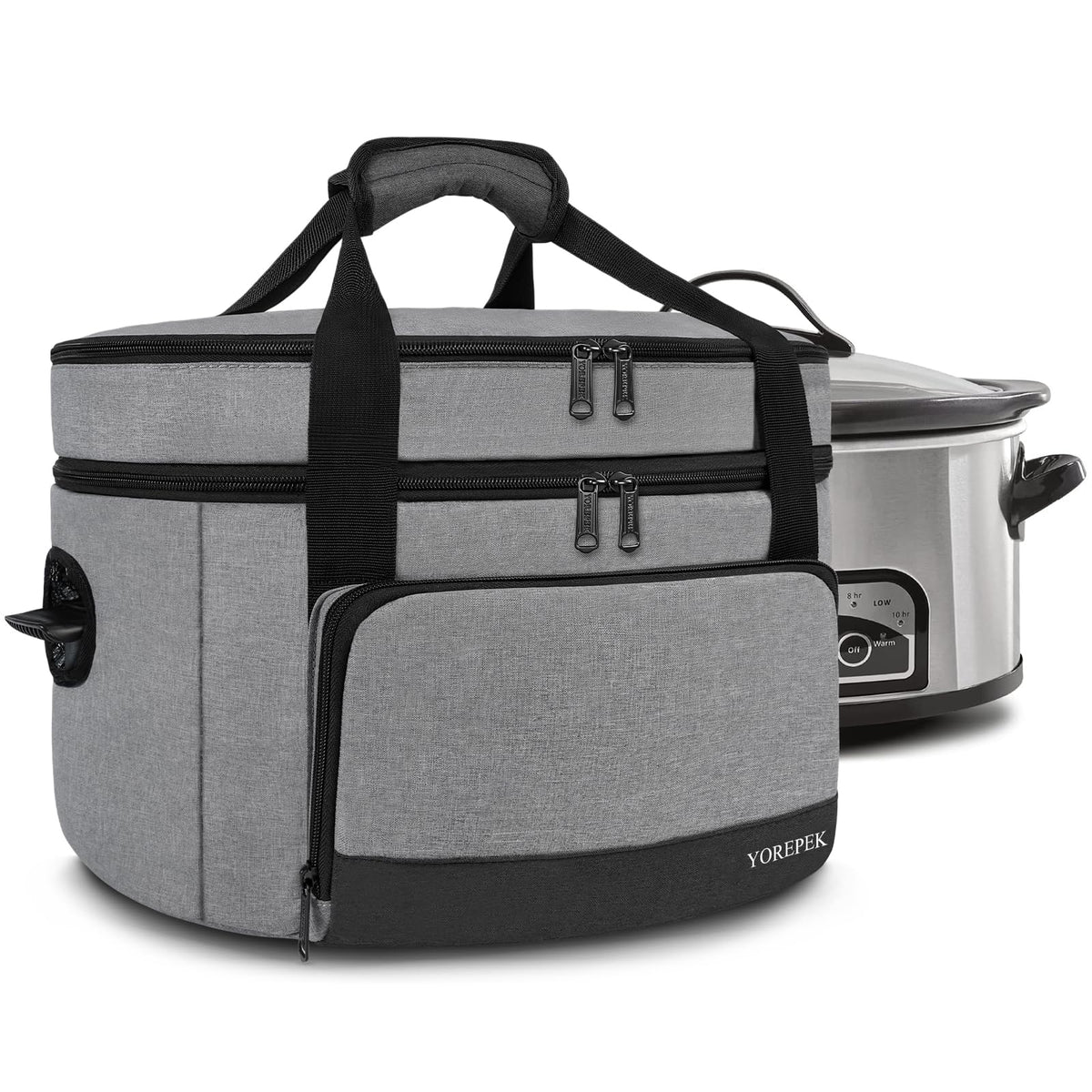 YOREPEK two-layer slow cooker carrier with a sturdy bottom pad for stable transport.