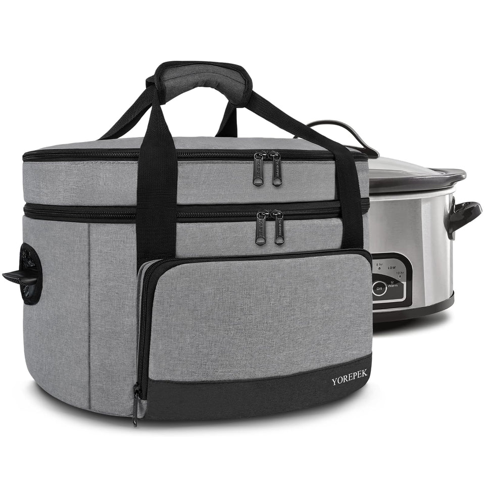 YOREPEK two-layer slow cooker carrier with a sturdy bottom pad for stable transport.