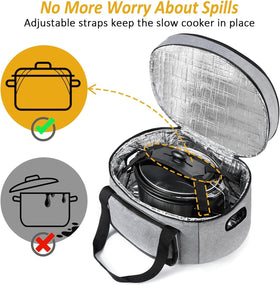 YOREPEK carrier interior panel secures crockpot with four strap holes for quick setup.