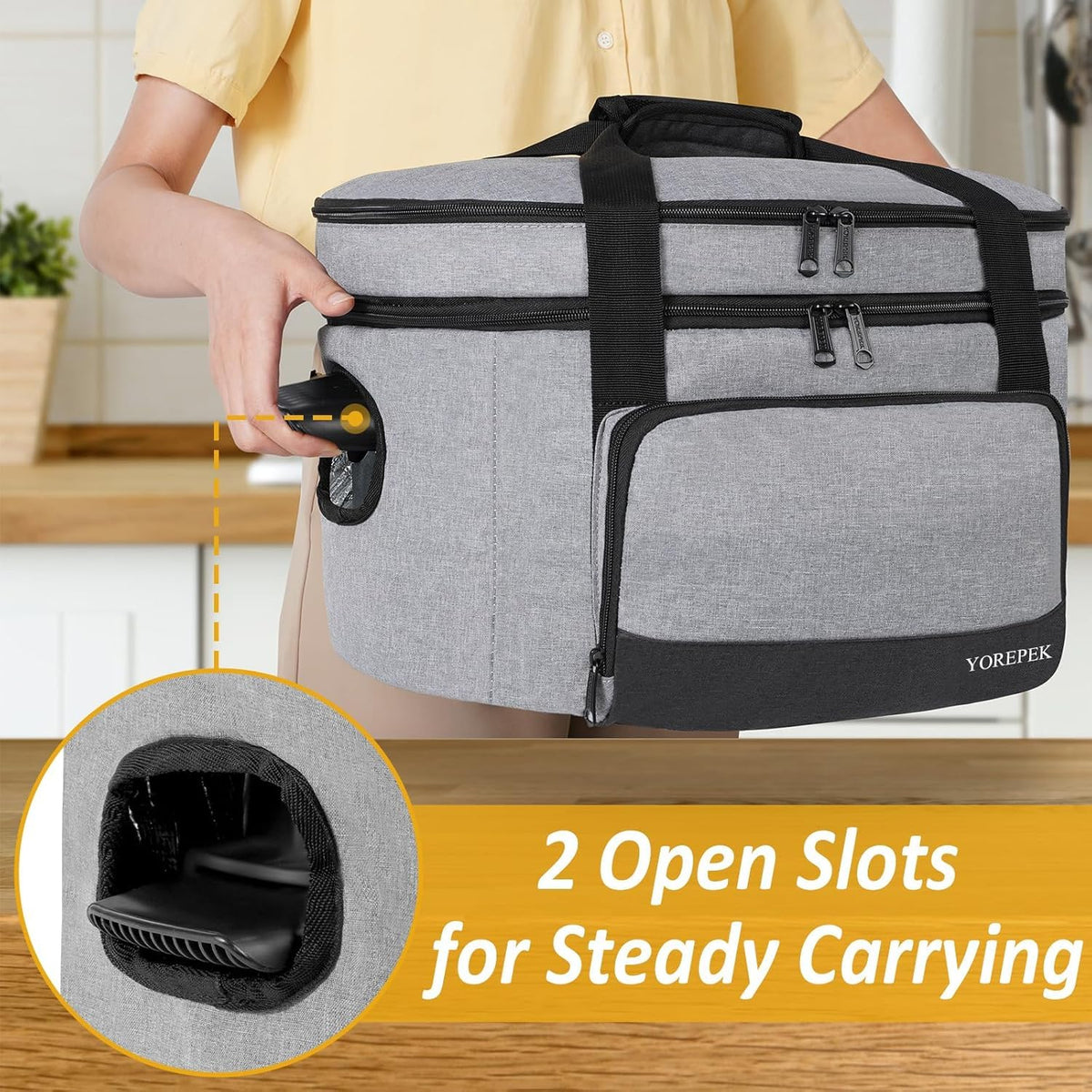 YOREPEK carrier side-carry-slots support two-handed carrying.