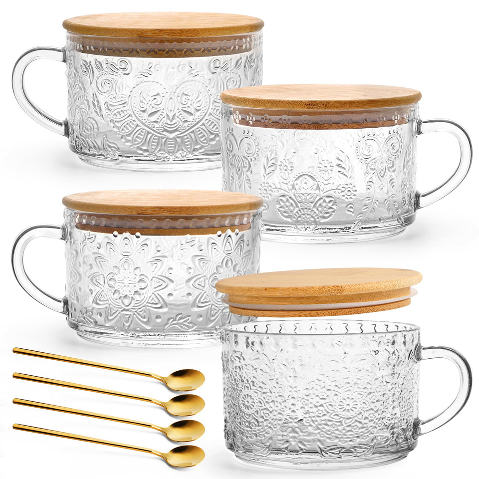 YORY vintage glass mug with bamboo lid and spoon for convenient 4-pack serving.