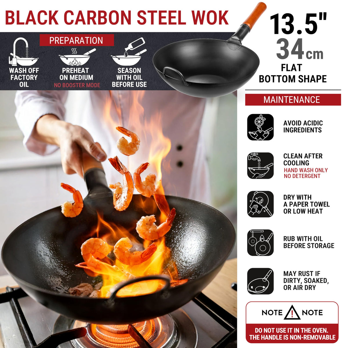 YOSUKATA 13.5-inch wok with ergonomic wooden handle