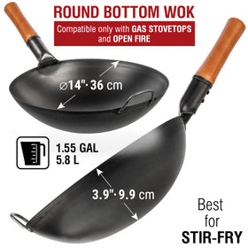 YOSUKATA 14-inch wok side profile showing traditional round bottom
