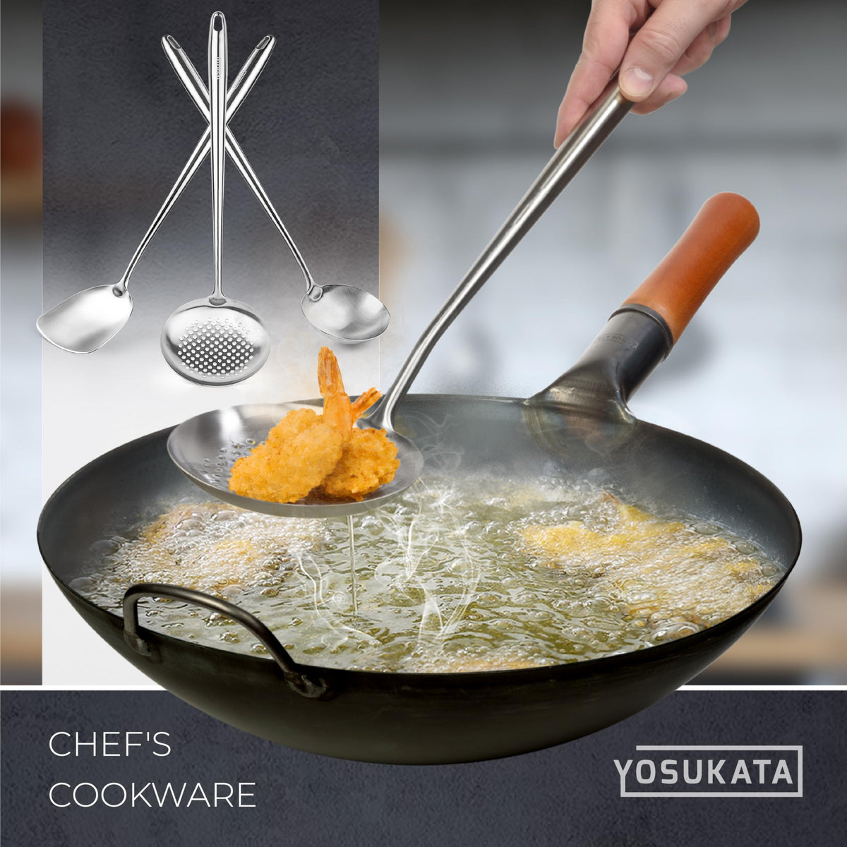 Yosukata ergonomic cool-handles on long-walled wok tools for safe handling.
