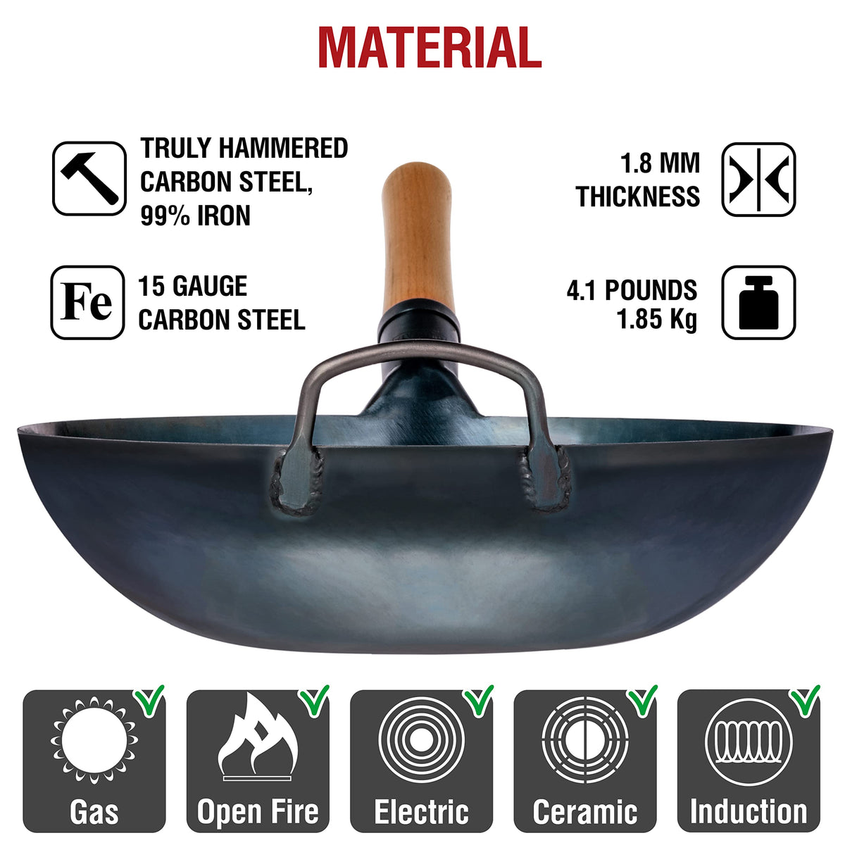 YOSUKATA flat-bottom wok works on gas, induction, and open-fire stoves.