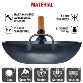 YOSUKATA flat-bottom wok works on gas, induction, and open-fire stoves.