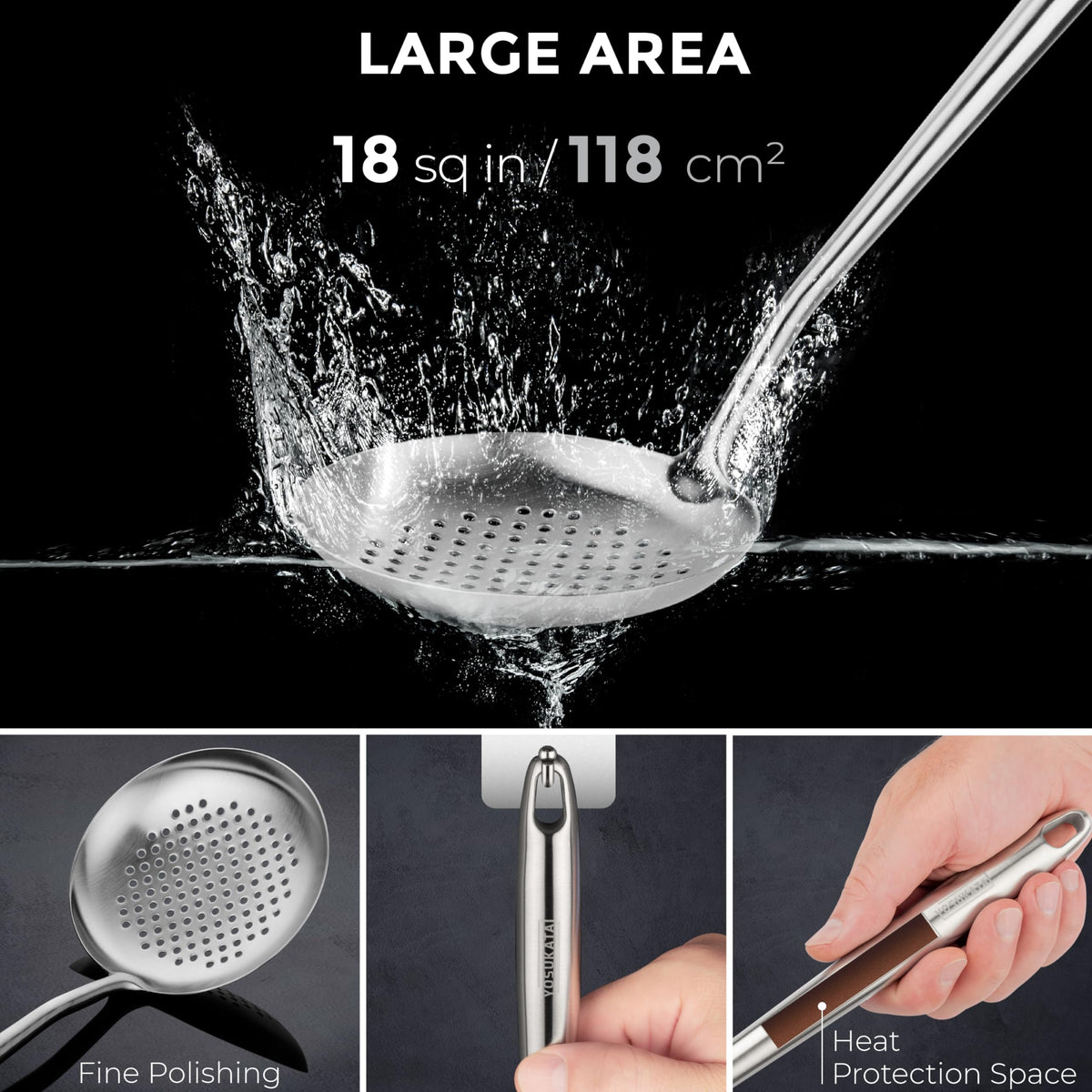 Yosukata hanging-hole design for convenient storage after cooking.