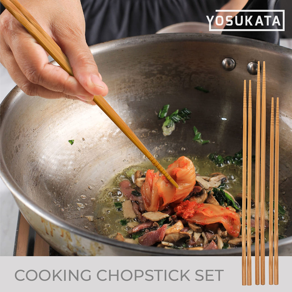 YOSUKATA 14.2 inch long chopsticks perfect for high-heat stir-fry tasks.