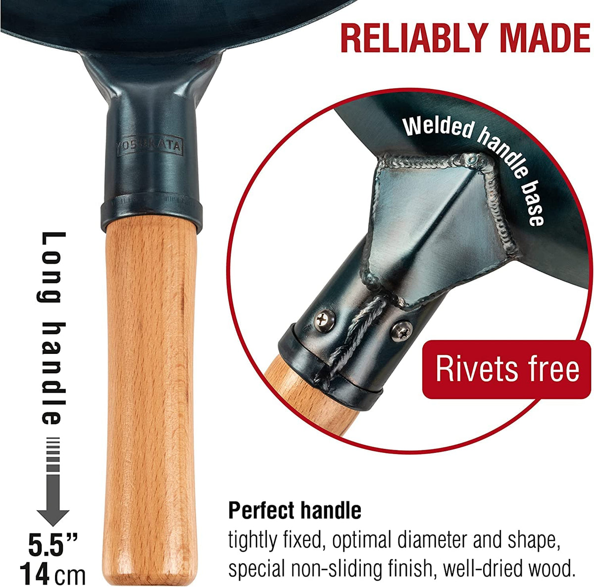 YOSUKATA pow wok wooden handle for safe, ergonomic grip.