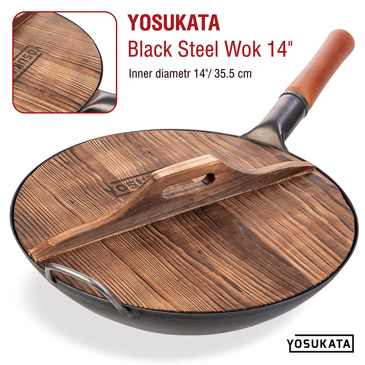 YOSUKATA Premium Wok Cover 14-inch beveled-edge seal keeps steam inside.