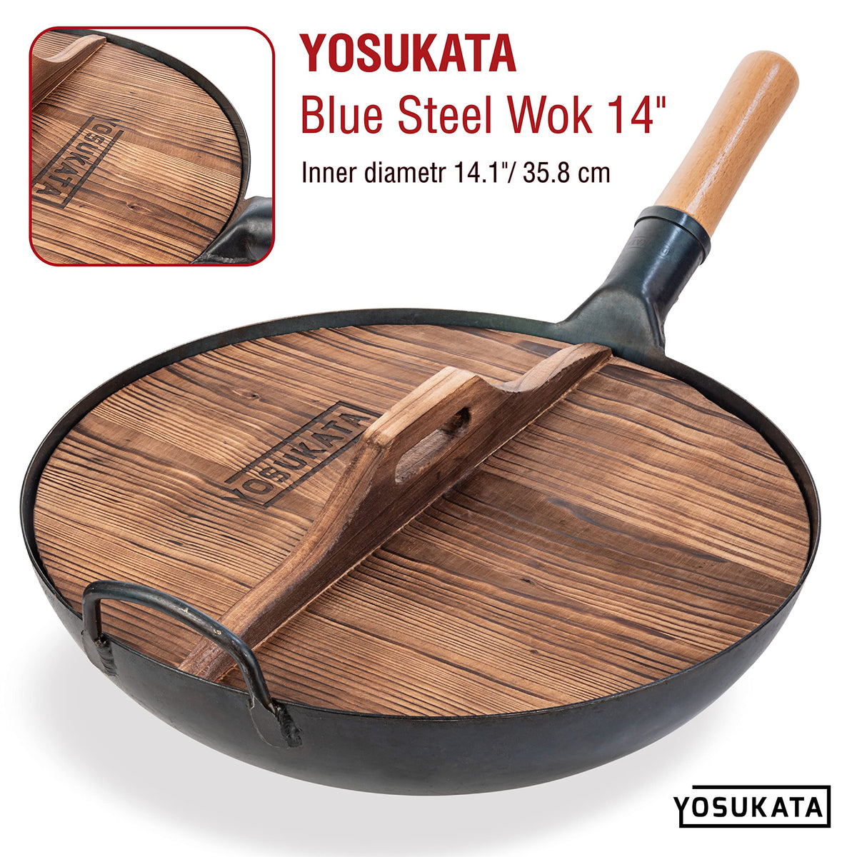 YOSUKATA Premium Wok Cover 14-inch carbonized finish lid—lightweight and durable.