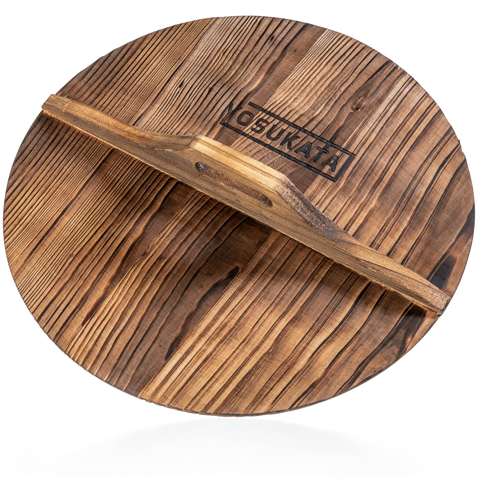 YOSUKATA Premium Wok Cover 14-inch with ergonomic handle for safe lifting during cooking.