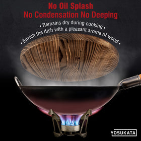 YOSUKATA Premium Wok Cover 14-inch long-handle design for easy lid checks.