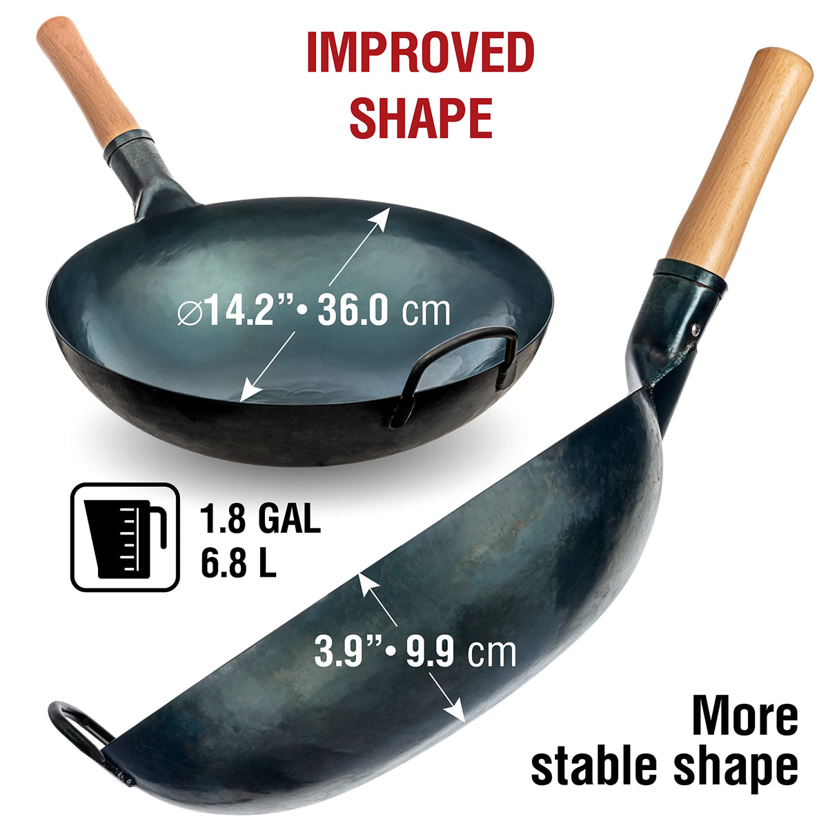 YOSUKATA round-bottom wok handle close-up with sturdy wooden grip.