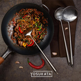 Yosukata three-piece wok utensil set ready for stir-fry, flip, and scoop tasks.