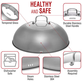 Stainless steel YOSUKATA lid shell fits 13.5-inch woks with durable build.