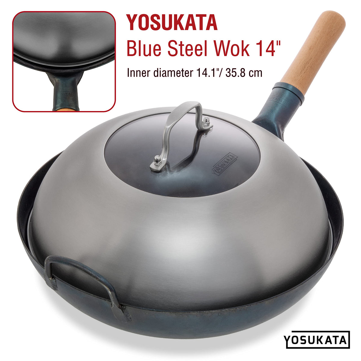 YOSUKATA lid with ergonomic handle for easy lifting during cooking.