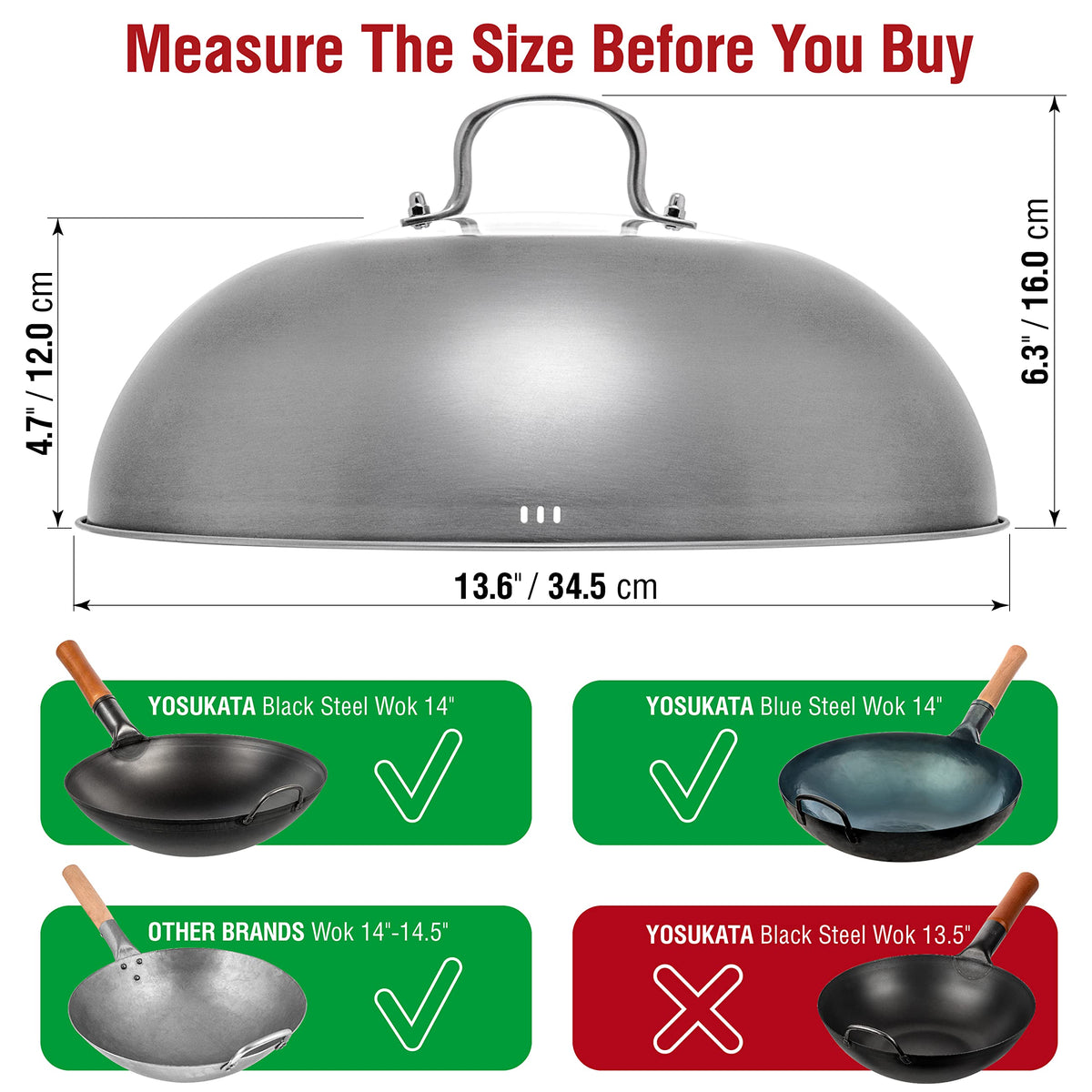 YOSUKATA wok lid featuring steam holes slows pressure release to reduce splatter.