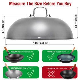 YOSUKATA wok lid featuring steam holes slows pressure release to reduce splatter.