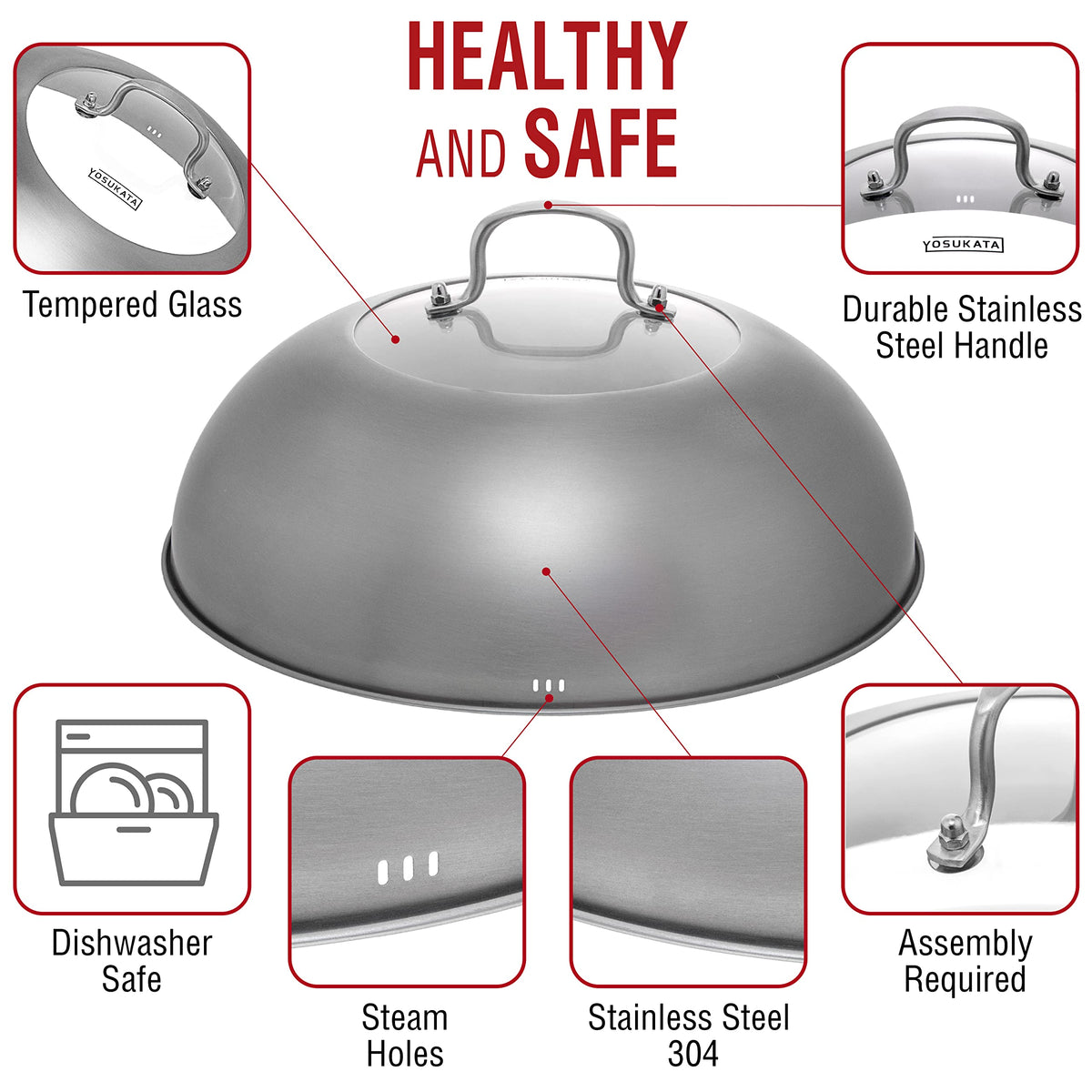 YOSUKATA wok lid with tempered glass insert lets you watch progress safely.