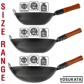 YOSUKATA compatibility image shows stove-to-grill versatility across gas, electric, induction, open flame.