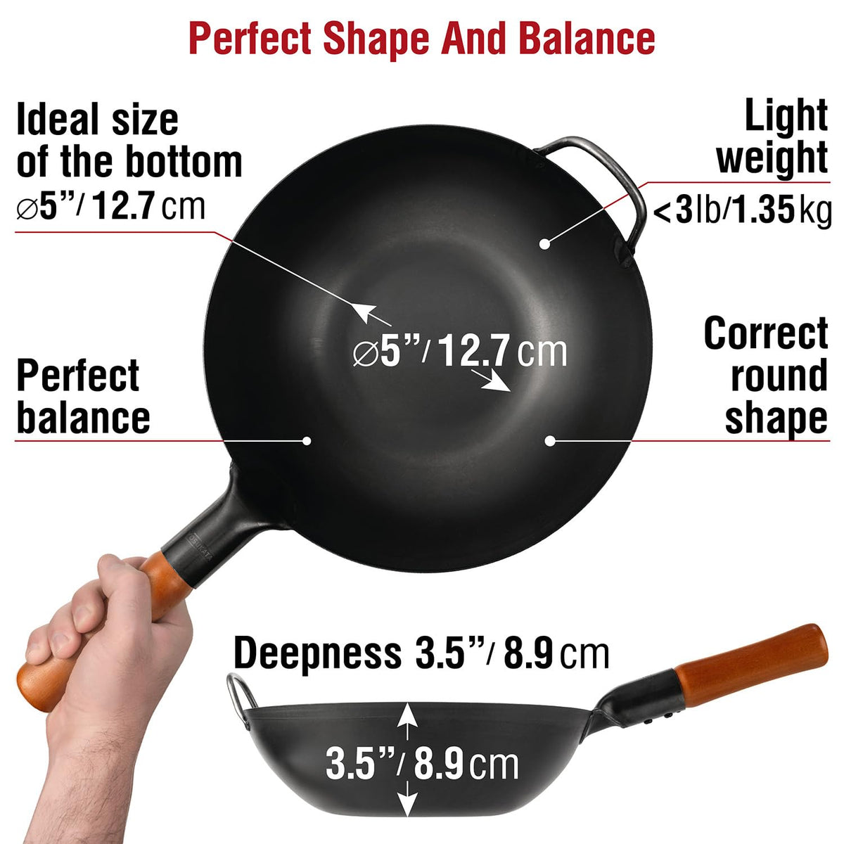YOSUKATA wok pan side view highlights ergonomic wooden handle for comfortable grip during high-heat cooking.